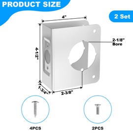 2 Pieces of Lock and Door Reinforcement, Stainless Steel Lock and Door Reinforcer, Plate for 1-3/4-Inch Thick Doors with 2-3/8-Inch Backset and 2-1/8-Inch Bore for Reinforcement and Repair.