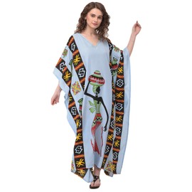 Gypsie Blu Ladies Kaftan Kimono Maxi Style Dress Women Plus Size Tribal Caftan Long Swimsuit (Silver Blue)