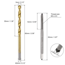sourcing map Metric Tap & Drill Bit Set, 2pcs M3 x 0.5 Straight Flute Thread Taps and 2pcs 3mm Twist Drill Bits Titanium Coated, HSS6542 Screw Tapping Threading Tools