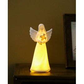 ADAVAS.Y&G Porcelain Lighted Angel Figurine Holding Cross, and Decor 7" H