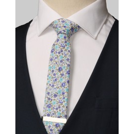 WITZROYS Men's Skinny Tie Floral Cotton Necktie and Tie Bar Clip Sets, Great for Weddings,Groom,Groomsmen (Light Blue & Deep Blue #A24)