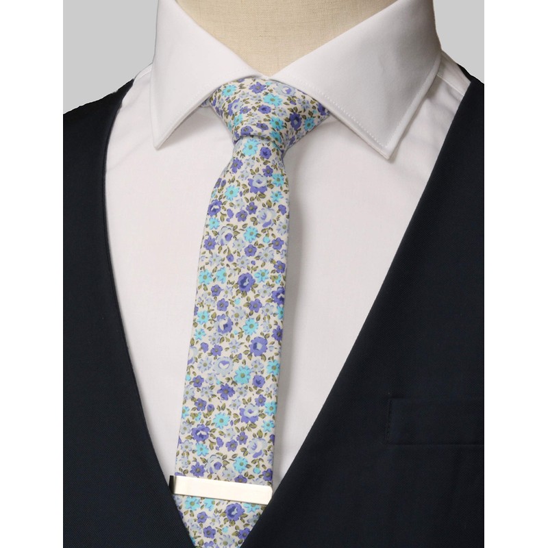 WITZROYS Men's Skinny Tie Floral Cotton Necktie and Tie Bar