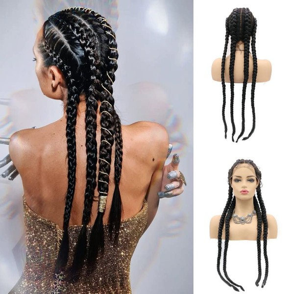 SereneWig Natural 1B Synthetic Lace Front Wigs for Women 4 x Twisted Braids Afro-American Black Yaki All Middle Parts 81 cm Braided Wig with Baby Hair
