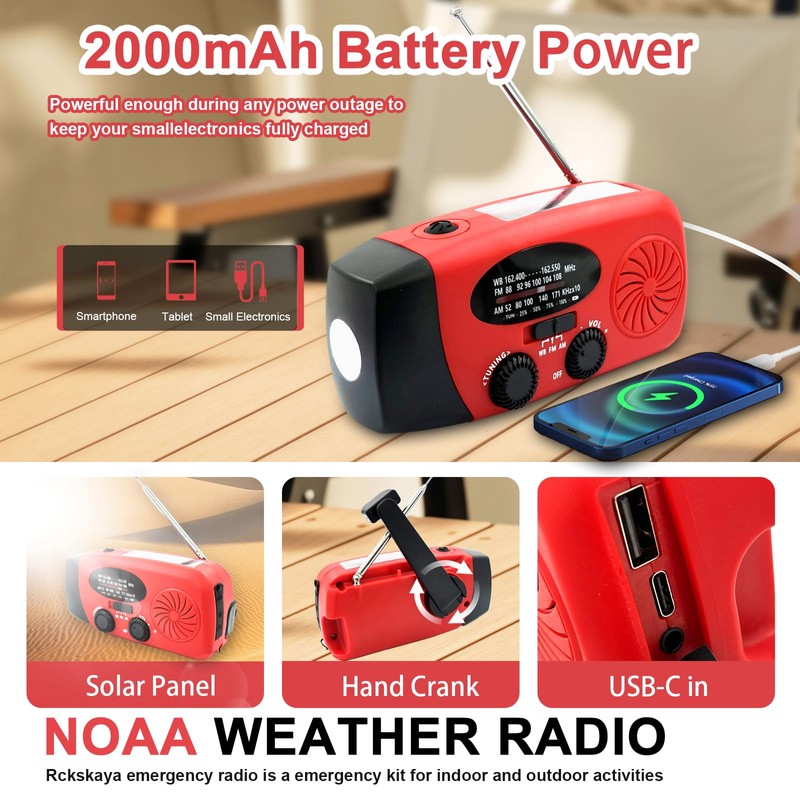 NOCTINGALE Hand Crank Emergency Radio, AM/FM/NOAA Weather Radio with 2000mAh