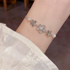 Kokoma Triple Plum Blossom Bracelet for Women Cubic Zirconia Pearl Floral Link Chain Adjustable Layered Stacking Bracelet Dainty Hand Jewelry (Silver)