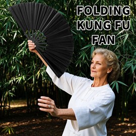 Oncpcare 5 Pcs Large Hand Fan in Bulk, Chinese Japanese Kung Fu Tai Chi Popping Clack Rave Handheld Folding Fans for Line Dancing (Black)