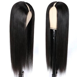 Pobokix 200% Density V Part Wigs Human Hair Straight Upgrade U Part Human Hair Wigs for Women Glueless Full Head Clip In Half Wig Natural Color (26inch, V Part Straight Wig)