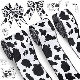 3 Rolls 20 Yards Cow Print Wired Edge Ribbon Burlap Craft Ribbons Gift Wrapping Ribbon Cow Print Ornaments Fabric Ribbons for Christmas Home Party Wreath DIY Craft Bouquet Decoration (Black, White)