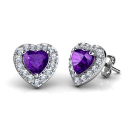 DEPHINI - Purple Heart Earrings 925 Sterling Silver CZ Crystal Pendant Fine Jewellery Stud Earrings - Rhodium Plated - Cubic Zirconia
