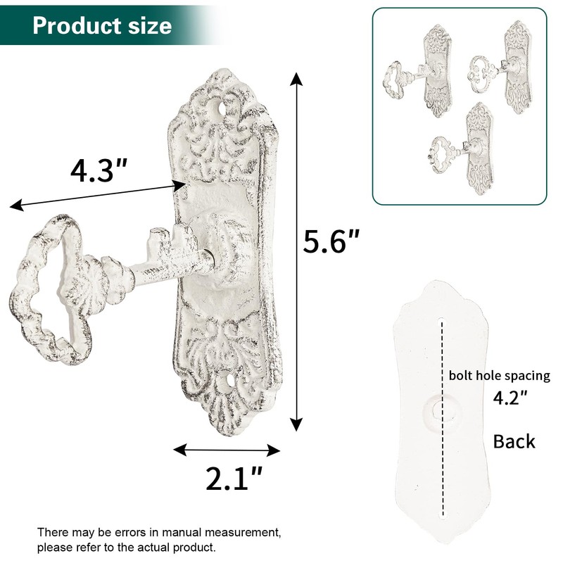 Sungmor 3Pcs Cast Iron Coat Hooks,White Skeleton Key-Shaped Wall Hooks