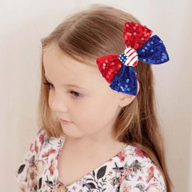 Red White Blue Hair Bow Clips for Baby Girls 4th of July Hairs Accessories Patriotic Hair Bow Kids Bowknot hair Clip 3 Pack ZFJ67 (Sequins Red Blue)