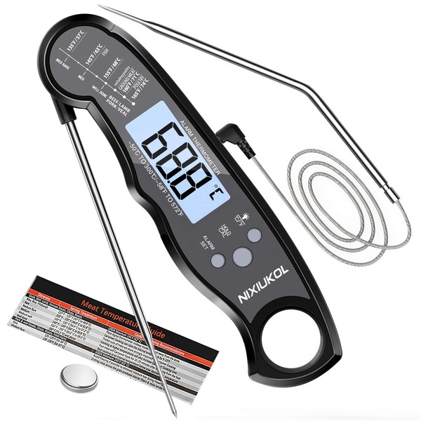 NIXIUKOL Digital Meat Thermometer Oven Safe, 2 in 1 Instant Read Food Thermometer with 2 Probe, Alarm Function, Backlight, Cooking Thermometer for Kitchen, Grill, Deep Fry, Candy, Baking, BBQ, Balck