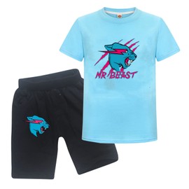 Boys Mr-Beast Tee Shirt Short-Sleeved Youth Cool Top Tee Girls Casual Black Red Lightning Cat T-Shirt For Kids Clothes Set Blue 7-8 Years