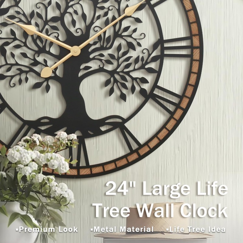 Micasso Silent Large Wall Clock: 24Inch Tree of Life Metal
