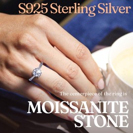 Halukakah Sterling Silver Women's Diamond Ring with 1 Carat Moissanite Stone and Certificate,1.0 ct Elegant Jewelry for Engagements,Celebrations,and Birthdays,Adjustable Size - Snowflake Heartbeat