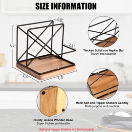 Napkin Holder for Table, Napkin Holder with Salt and Pepper Shakers Cadddy, Napkin Holder For Paper Napkins Kitchen Dining Table Decor, Wood & Metal Base, Black