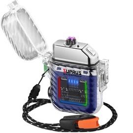 SUPRUS Luminous 3 Modes of Flashlight Windproof Waterproof Lighter Electric Rechargeable Dual Arc Plasma Lighter with Survival Emergency Whistle and Lanyard (Blue)