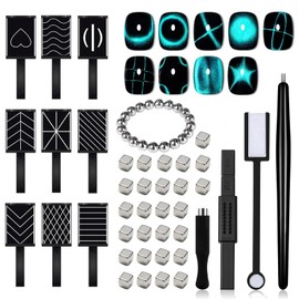 XEAOHESY 60 Pieces Cat Eye Magnet for Nails Beads Cube Nail Magnet Multi-Functional Nail Magnet Wand Magnet Stick Magnetic Pen 9 Nail Magnet Plates With Different Patterns for Cat Eye Gel Nail Polish