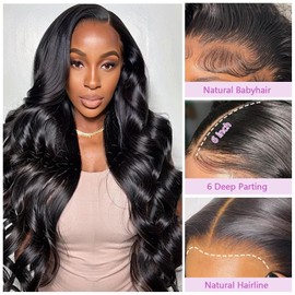 UPXIO 30 Inch Lace Front Wig Human Hair Pre Plucked 13x6 Body Wave HD Lace Front Wigs for Women Natural Black 200% Density Glueless Wigs with Baby Hair