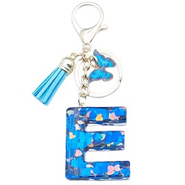 Xsclpomddy A-Z Initials Letter Keychain Blue with Tassel Butterfly Pendant for Wallet Backpack Handbags Women Girls,Letter E