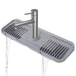 EK-Memory-Fish - Tapete de silicona para llave de cocina, con llave de goteo, central circular cortable, para fregadero de cocina, hecha a medida para grifos con placa de cubierta, color gris claro