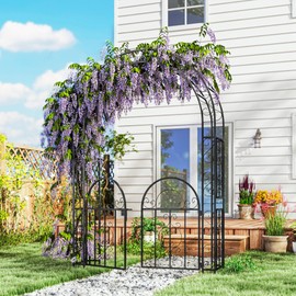Outsunny 7.4ft Steel Garden Arch with Gate, Garden Arbor Trellis for Climbing Plants, Roses, Vines, Wedding Arch Stand for Outdoor, Garden, Lawn, Backyard, Black