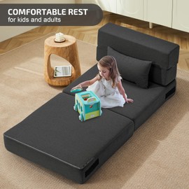 SUYOLS Folding Sofa Bed with Pillow- Convertible Chair Floor Couch & Sleeping Mattress, Foldable Memory Foam Sleeper for Living Room/Dorm/Guest Room/Home Office/Apartment/Loft, Single28, Dark Gray