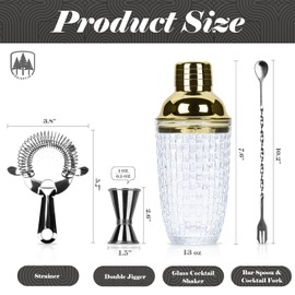 4 Pcs Cocktail Set Mixing Tools for Drinks, Raisaplin Stainless Steel Mixologist Mini Home Bar Bartender Set - Glass Shaker, Tight Spring Bar Strainer, 10" Cocktail Spoon, Double Jigger - Gold