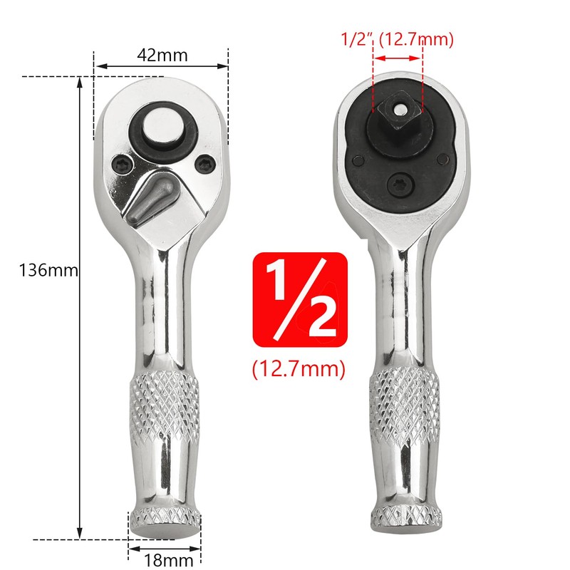 Bestgle 1/2" Square Drive Stubby Reversible Ratchet Wrench with 72-Tooth