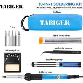 Tabiger Soldering Iron Kit Electronics 60W Adjustable Temperature Welding Tool with 5pcs Soldering Iron Tips, Soldering Iron Stand, Desoldering Pump, Solder Wire, Tweezers and Portable Carry Bag
