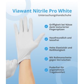 Viawant® Nitrile Pro White Disposable Nitrile Gloves L [Pack of 100] Sturdy, Hypoallergenic, Powder-Free & Latex Free - Tear-Resistant Disposable Gloves