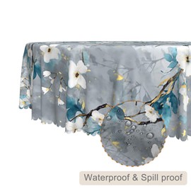 TTQYFNM Cherry Blossom Round Tablecloth 70 Inch Japanese Watercolor Blue White Flower Branch Table Cloth Asian Traditional Ink Painting Waterproof Fabric Table Cover for Kitchen Dining Room Home Decor