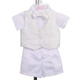 Dressy Daisy Infant Baby Boys Christening Clothing Baptism Outfit 5 Pieces Suit Set with Bonnet Hat Size 12-18 Months, Short Sleeves, White