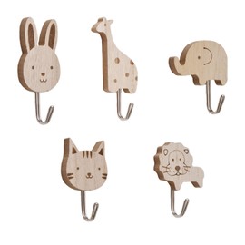MOROBOR Wooden Animal Wall Hooks, 5pcs Animal Theme Decorations Hooks Cats, Lions, Rabbits, Giraffes, Elephant Shape Hooks Wood Hooks for Kids Room Nursery Bedroom Decor
