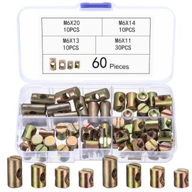 Pack of 60 M6 Cross Nut Bolts, Cross Dowel Barrel Nuts, Slotted Metal Barrel Nuts, Barrel Nut, Furniture Cylinder Nuts, Symmetrical Cross Nut Nuts for Furniture Beds, Chairs, 11 mm, 13 mm, 20 mm, 24