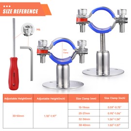WYSIWYKA 6PCS 304 Stainless Steel Wall Mount Ceiling Mount Pipe Supports,Suitable for OD Pipe 32-34mm,Adjustable Height 30-50mm,Adjustable Pipe Strap Clamp with Screws
