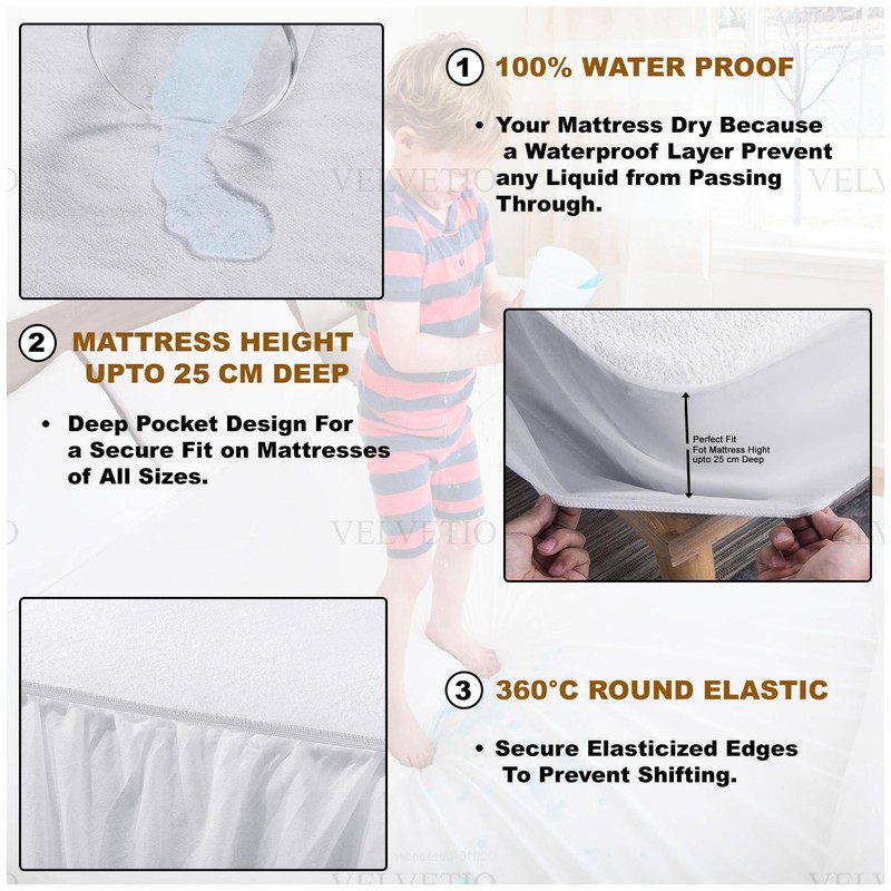 VELVETIO Waterproof Terry Towelling Mattress Protector, Soft Polycotton Non Allergic