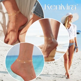 Kenivira Gold Ankle Bracelets for Women Dainty,18K Gold Plate Chain Anklets for Women Waterproof,Layered Gold Anklets Set Non Tarnish Beachy Jewelry Gift