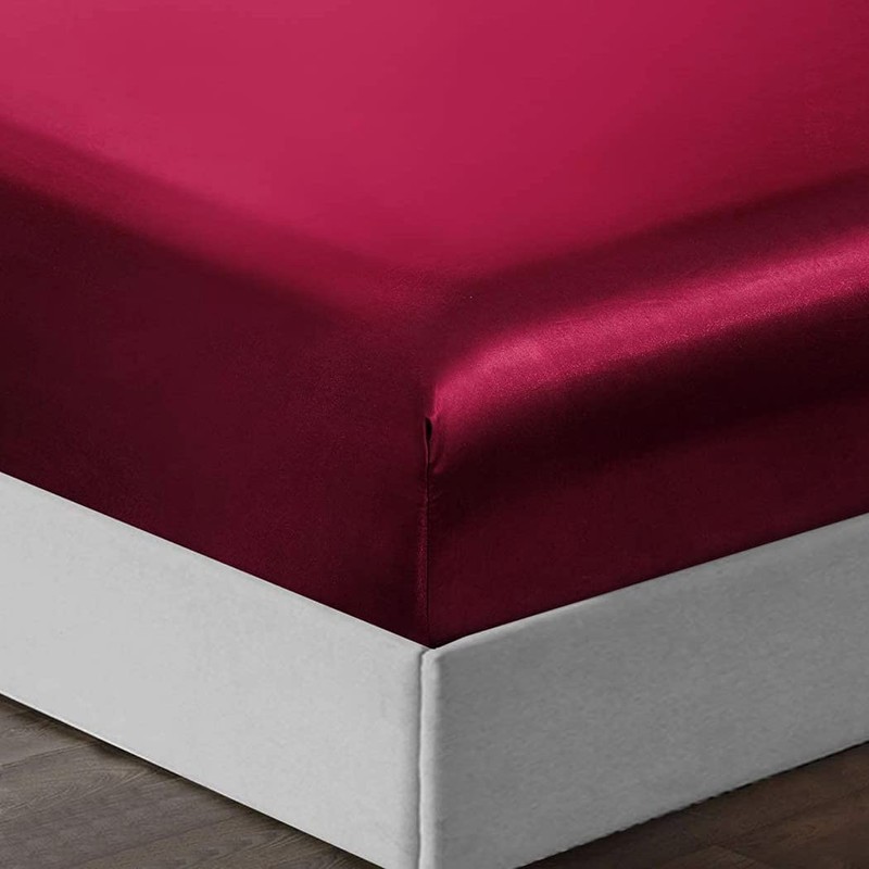 Silky Satin Fitted Sheet Classic Luxury Silky Soft Plain (Burgundy,