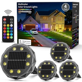 Solar Ground Lights with Remote Control 50ft,IP67 Waterproof Solar Garden 15 Multi Color Lights,RGBYW Solar Powered Outdoor Landscape Lighting for Pathway,Yard,Deck,Lawn,Patio,Walkway,Poolside,4 Pack