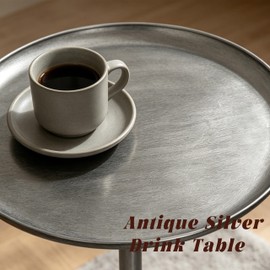 Round Side Table, Small Metal Drink Table for Small Spaces, Modern Martini Table for Living Room, Bedroom, Corners, and Office,Antique Silver