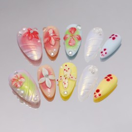 Handmade Medium Almond Nails Thick Press on Nails Aurora Colourful Fake Nails with 3D Tropical Flower Art Design Reusable Acrylic False Nails with Glue, Nature Stick on Nail for Wome (Size S)