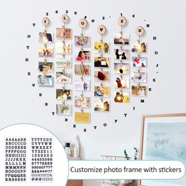 Uping Collage Picture Frame, Hanging Picture Frame with 6 Lines and 30 Wooden Pegs (with Alphabet and Number Sticker)