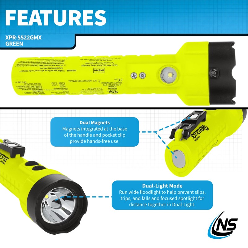 Nightstick XPR-5522GMX Intrinsically Safe Dual-Light Flashlight w/Magnets-Rechargeable-Green-UL913 / ATEX, Multicolor