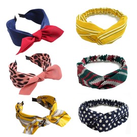 Headbands for Women, 6 Pieces Hair Band, Boho Knotted Headwraps, Mixed Printed Twisted Bow Hair Bands, Vintage Floral Polka Dot Wide Hairs Hoops Girls Hair Accessories for Daily Wear (Colour1, L)