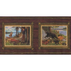 Hunt Hunters Paintings on Reddish Brown Wall Vintage Wallpaper Border Retro Design, Roll 15' x 7"