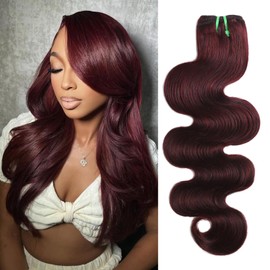 HERMOUS 12A Double Drawn Dark Burgundy Human Hair Bundles Body Wave 22 Inch, Double Lifespan Than Regular, Keep Silky And Soft After Washes Colored #99J Wine Cherry Red Single Bundles Raw Hair Sew In