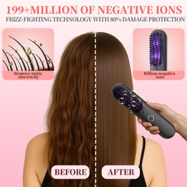 Cordless Hair Straightener Brush, Portable Straightening Brush for Travel, Negative Ion Hot Comb Hair Straightener for Women, Straightening Comb for Travel & Home, USB Rechargeable,Black