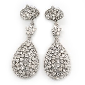 Diamante Teardrop Earrings In Silver Plating - 7cm Length
