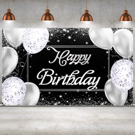 Happy Birthday Backdrop Banner - Black and Silver Photography Background - Large Party Sign Poster for Men and Women - Decoration Supplies